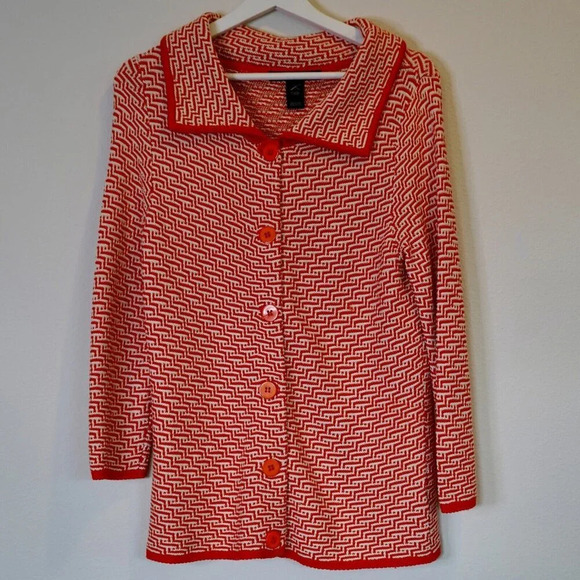 Ellen Tracy Silk Blend Orange and‎ Ivory Geometric Cardigan Size Small - Picture 1 of 9